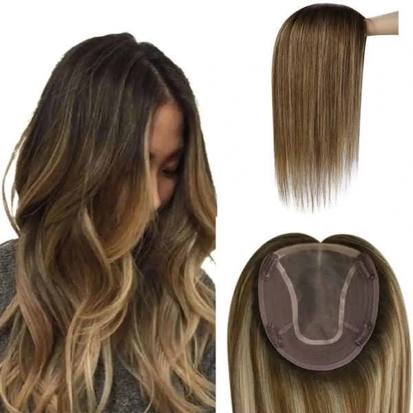 Topper Hair Extensions Virgin Hair Toppers For Thinning Hair #2/6/18 - 16inch / 6inch7inch / Brown with Blonde at Ugeat Hair Official