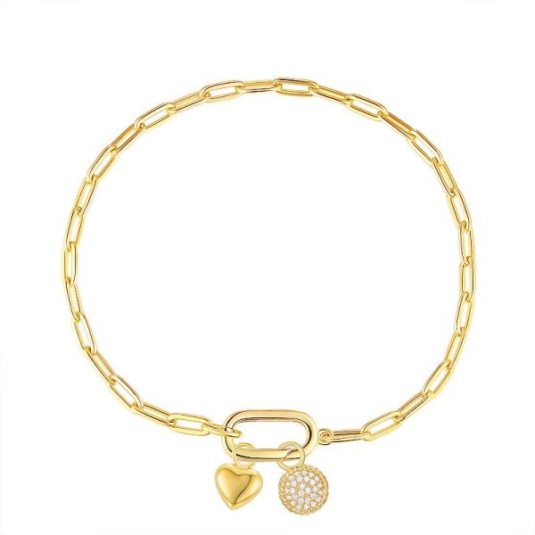 14k Gold Over Silver Heart & Cubic Zirconia Charm Paper Clip Chain Bracelet - 8 in., Women's, Size: 8", Sterling Silver at Kohl's