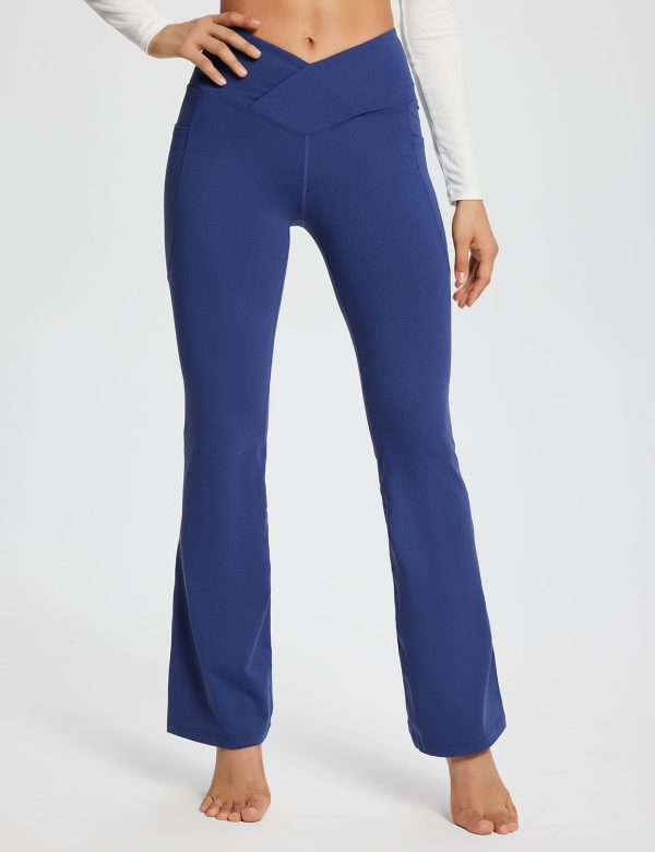 Laureate Women's 29" Crossover High-Waisted Flare Yoga Pants - Navy Blue / M at Baleaf