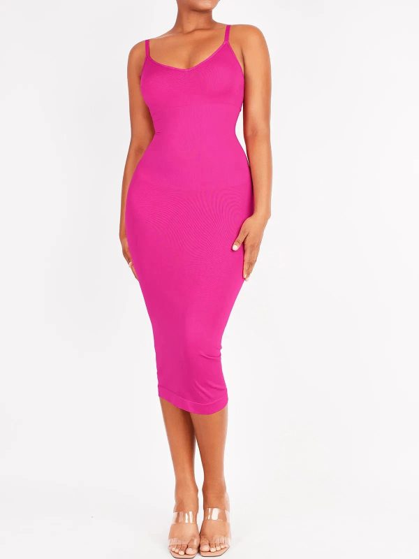 Shapewear Sleeveless Sculpting Dress Set - Spaghetti Strap V-Neck Dress / Pink / M/L at Popilush