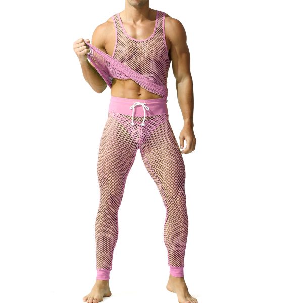 Sexy Fishnet Men's Tank Top Sets Hollow Out Vests + Tight Pants Clothing Set See-through Sports Wear at AliExpress