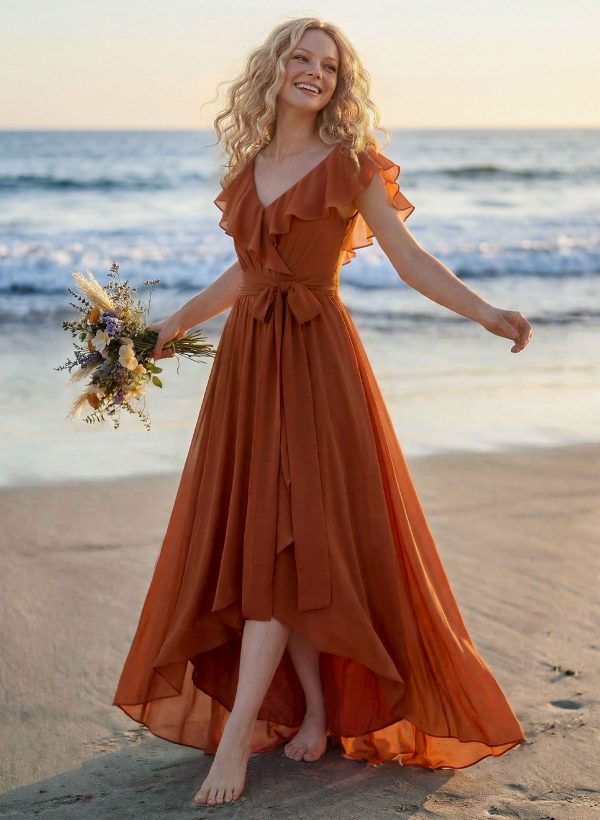 A-Line V-Neck Sleeveless Chiffon Asymmetrical Bridesmaid Dress With Bow(s) at Missacc