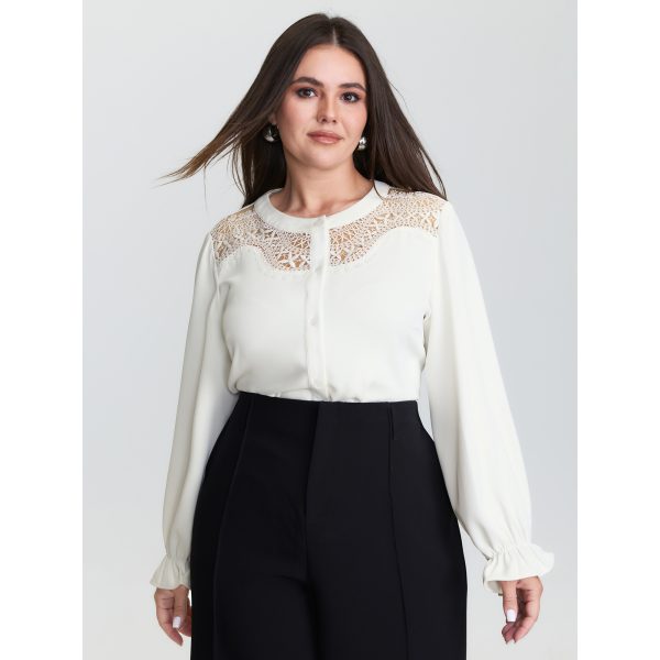 BloomChic Women's Plus Size Sheer Neckline Ruffled Cuff Sleeve Blouse Ivory Solid Office Long Sleeve Round Neck 12/L