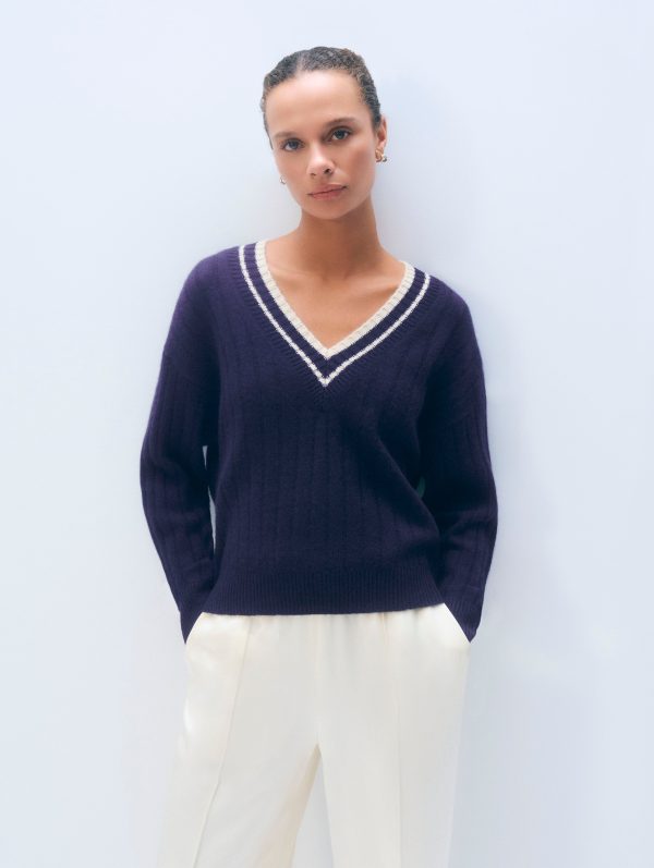 White & Warren Cashmere Varsity V Neck Sweater in Deep Navy/natural size XS at White and Warren