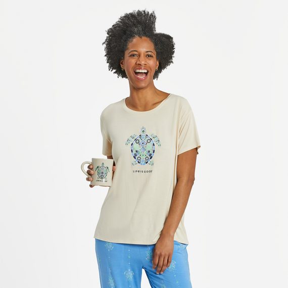 Life is Good Women's Turtle Mosaic Lightweight Sleep T-Shirt in Putty White Size XS