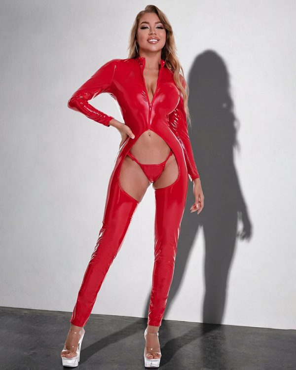 Wet Look Long Sleeve Open Crotch Catsuit with G-String - Red / XL/8-10 at AVIDLOVE