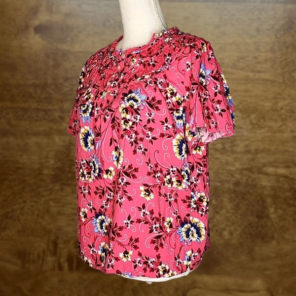 Loft Blouse Women’s Medium Pink Multicolor Floral Ruffle Collar Short Sleeve, Women's at Grailed