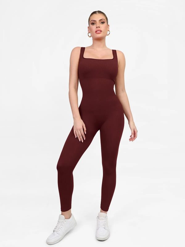 Shapewear Square Neck Tank Workout Seamless Jumpsuit - Red / XS at Popilush