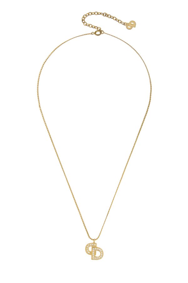 Women's Christian Dior Gold & Crystal 'CD' Necklace in Gold at What Goes Around Comes Around