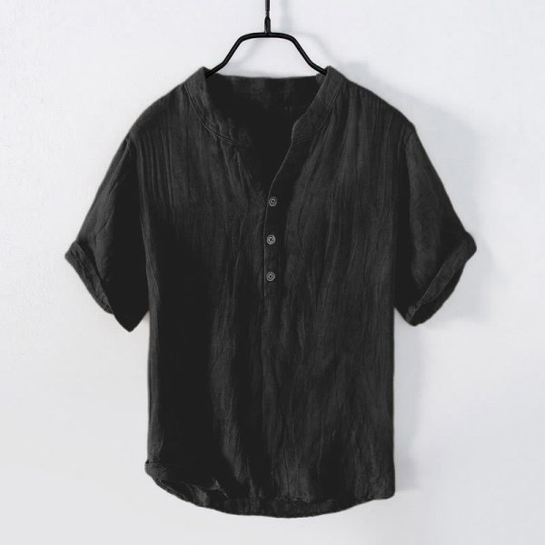 Buddha Stones Solid Color Short Sleeve Half Button Shirt Cotton Linen Men Clothing - Short Sleeve / Black / US/UK/AU46，EU56 (3XL) at buddhastoneshop