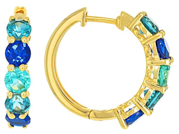 Blue, Green and Teal Lab Created Spinel 18k Yellow Gold Over Silver Hoop Earrings 5.45ctw at JTV Jewelry