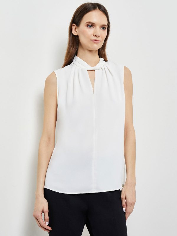 Sleeveless Twist Neck Crepe de Chine Blouse, White at Misook