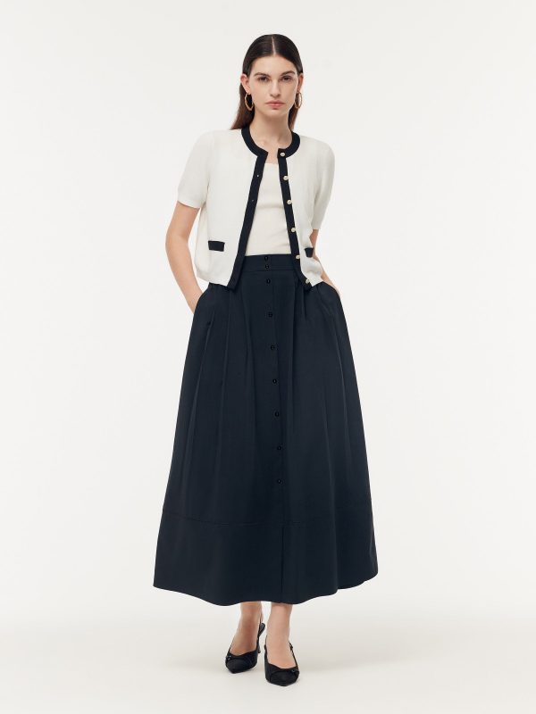 A Line Elastic Waist Pleat Women Maxi Skirt - Black / L at GOELIA