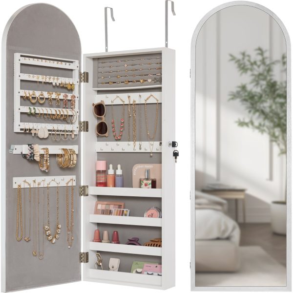 Door/Wall Mounted Arch Mirror Jewelry Armoire, w/ Metal Frame, Built-In Lock - Silver at Best Choice Products