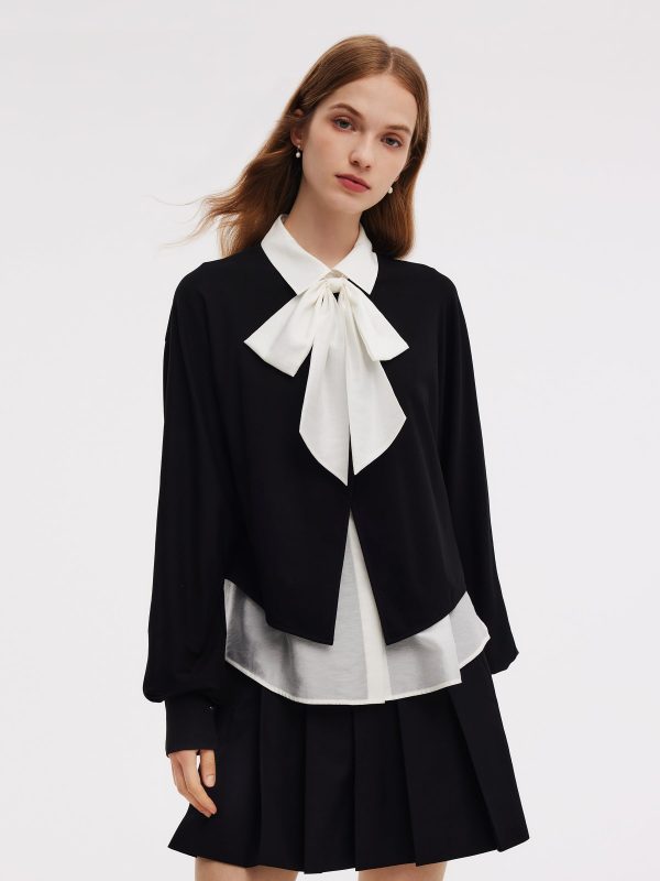 Front Slit Knit Top And Sleeveless Shirt Two-Piece Set - Black / XXS at GOELIA