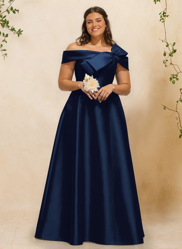 A-Line Off-The-Shoulder Sleeveless Floor-Length Satin Bridesmaid Dresses With Bow(s) at Missacc