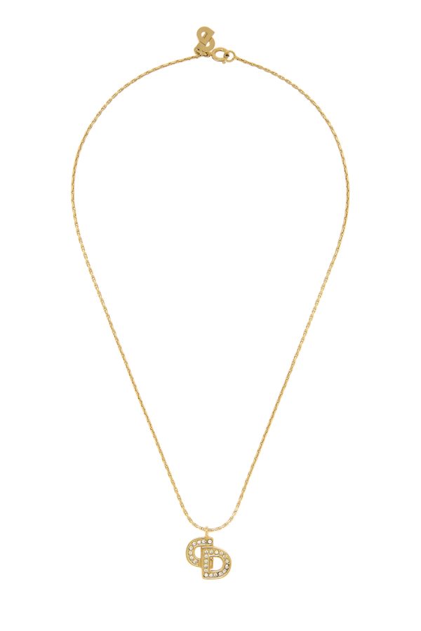 Women's Christian Dior Gold Crystal CD Logo Necklace in Gold at What Goes Around Comes Around