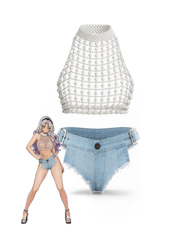 Pearl Chain Halter Crop Top & High Waisted Denim Shorts - Tops+Shorts / XL at AVIDLOVE