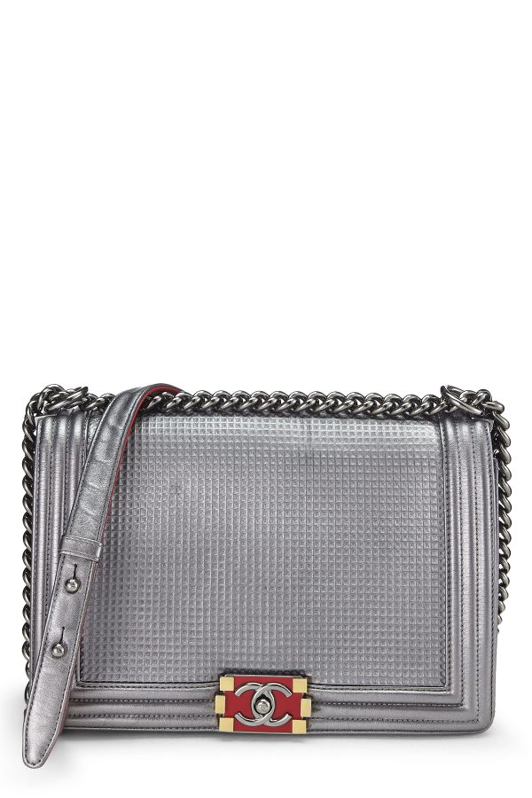 Women's Chanel Silver Cube Embossed Calfskin Boy Bag Medium in Silver Medium at What Goes Around Comes Around