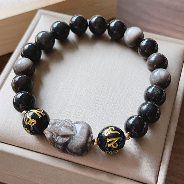 Buddha Stones Natural Silver Sheen Obsidian Black Obsidian Om Mani Padme Hum Pixiu Protection Bracelet at buddhastoneshop