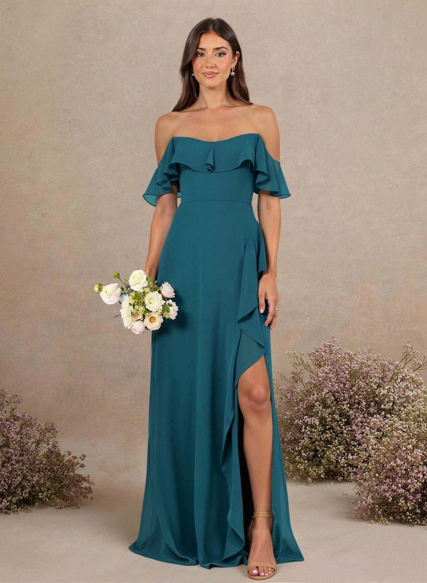 A-Line Sweetheart Floor-Length Chiffon Bridesmaid Dresses With High Split/Shoulder Ruffle at Missacc