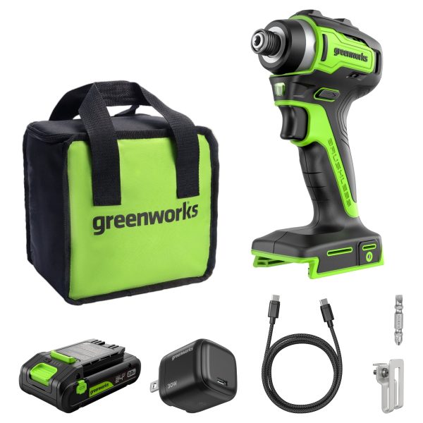 24V 1/4" 1950 in/lbs Brushless Impact Driver Kit: 2.0 Ah USB-C Batteries and 30W USB-C Fast Charger at Greenworks Tools