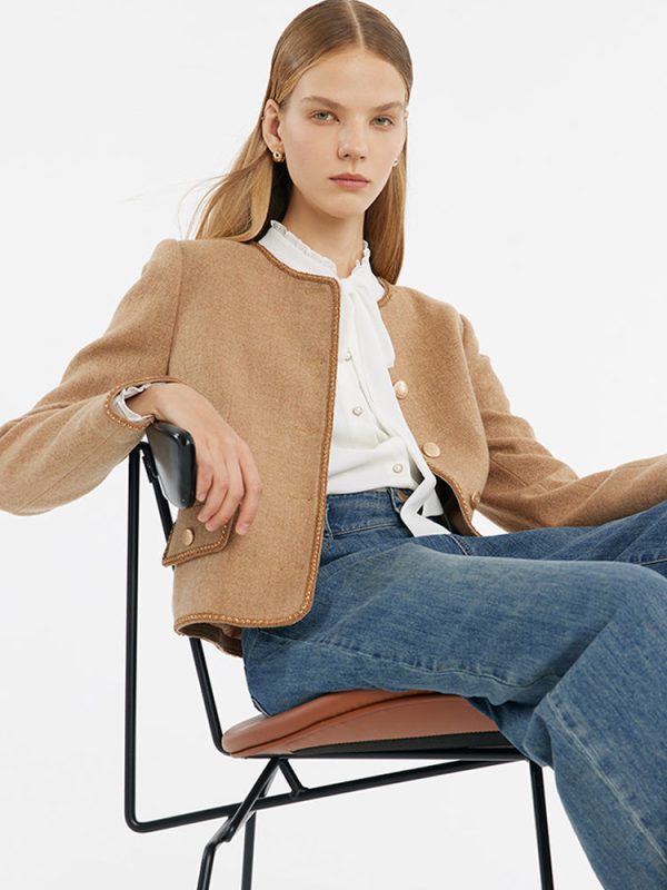 Washable Wool Round Neck Single-Breasted Women Jacket - Light camel / M at GOELIA