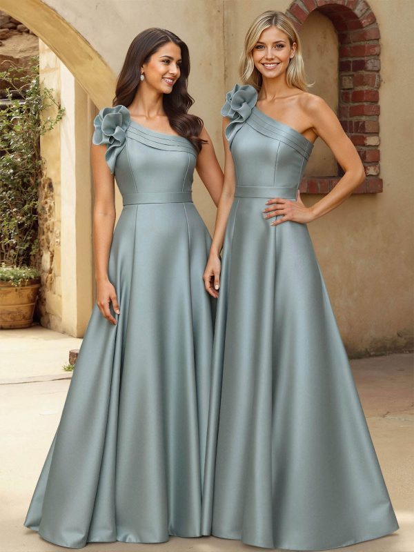 A-Line One-Shoulder Sleeveless Floor-Length Satin Bridesmaid Dresses With Flower(s) at Missacc