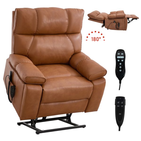 LUCKY ONE - Leatheraire Dual Motor Power Lift Recliner Chair with Massage, Heat and Hidden Cup Holders - Antique Brown at Best Buy