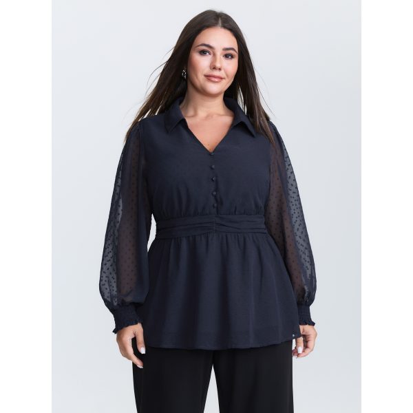 BloomChic Women's Plus Size Textured Polka Dots Shirred Sheer Blouse Indigo Solid Office Long Sleeve Collared Neck 18-20/2X