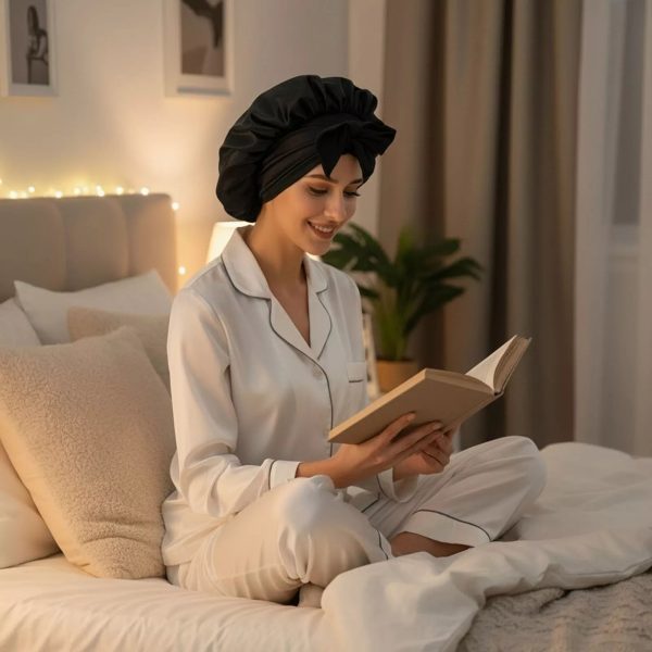 Silk Bonnet for Sleeping Women Adjustable 100% Mulberry Silk Sleep Cap - Black at Ugeat Hair Official