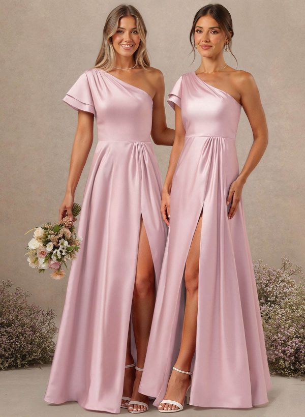 A-Line One-Shoulder Floor-Length Charmeuse Bridesmaid Dresses With Pockets/High Split at Missacc