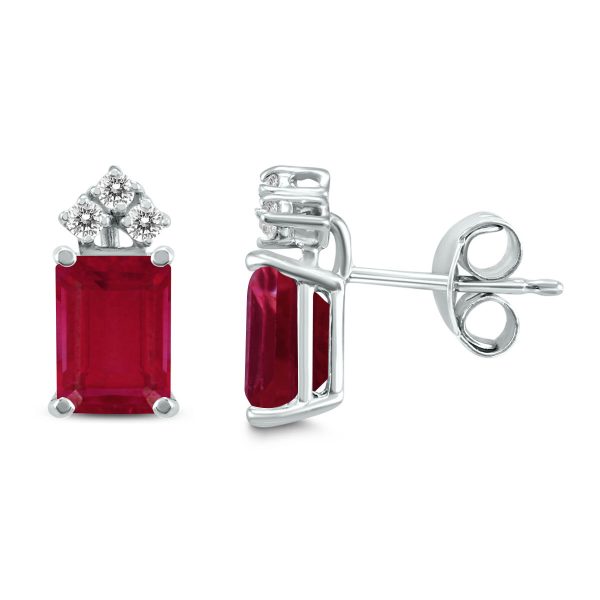 14K White Gold 6x4MM Emerald Shaped Ruby and Three Stone Diamond Earrings at Szul.com