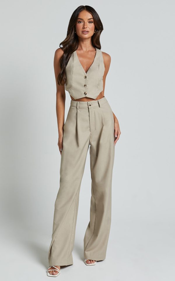 Izara Trousers - Mid Rise Relaxed Straight Leg Tailored Trousers in Oatmeal at Showpo