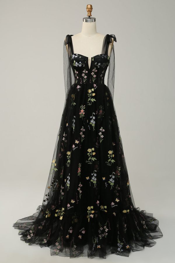 Green A Line Spaghetti Straps Corset Long Prom Dress with Embroidery - Black / US6 at Zapaka