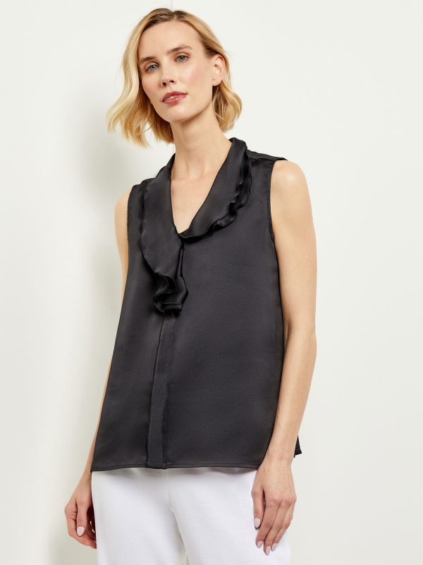 Waterfall Ruffle Crepe de Chine Blouse, Black at Misook
