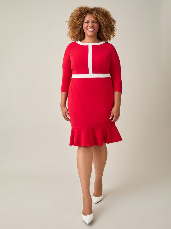 Colorblock Ruffle Hem Dress, Crimson/Cream at Kasper Clothing