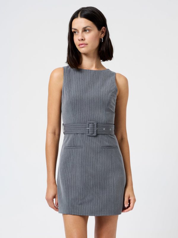 MINKA PINSTRIPE BELTED MINI DRESS at French Connection