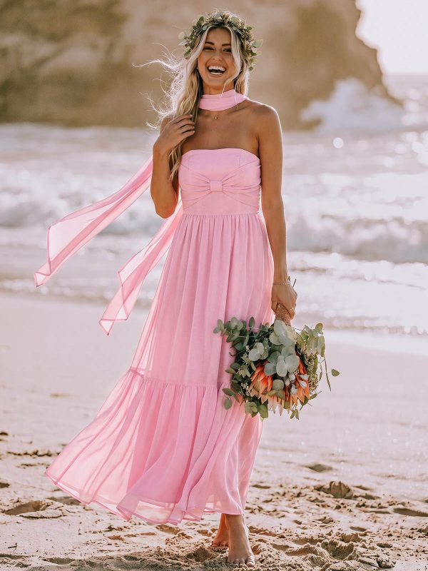 A-Line Strapless Ankle-Length Chiffon Bridesmaid Dresses With Bow(s)/Bubble Hem at Missacc