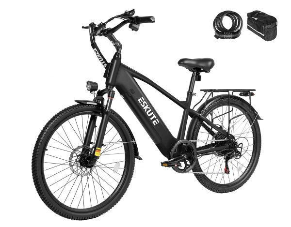 Eskute® C200 SO Electric Bike for Adults - Black / Bike with Phone Bag& Bike Lock at Eskute Ebikes