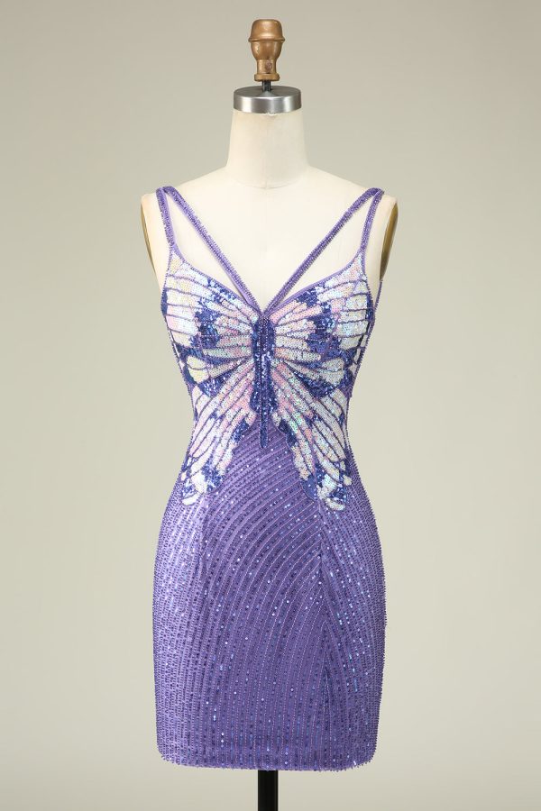 Sparkly Purple Sheath Sequins Short Homecoming Dress with Lace-Up Back - Purple / US10 at Zapaka