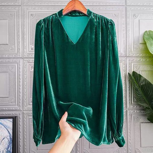 Gold Velvet Top for Women Casual Spring Autumn Velour Blouse Shirts Chemise Grande Taille 4XL 5XL plus size shirts at AliExpress