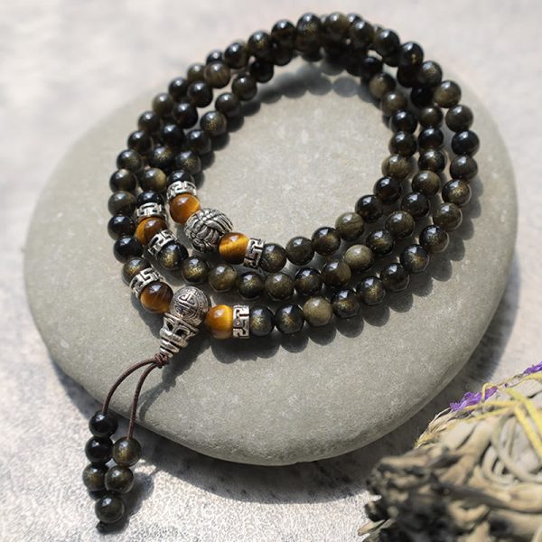 Golden Obsidian Energy Bracelet Necklace - 0.31 in (8 mm) / 4 layers at buddhastoneshop