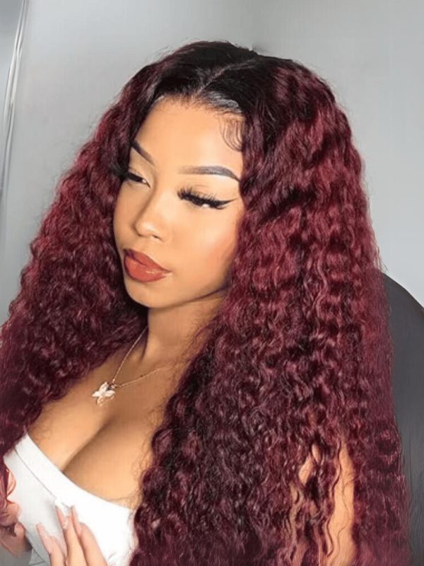 [22"=$99] Beginner Friendly V Part Burgundy Ombre With Dark Roots Curly Wig 150% Density at UNice