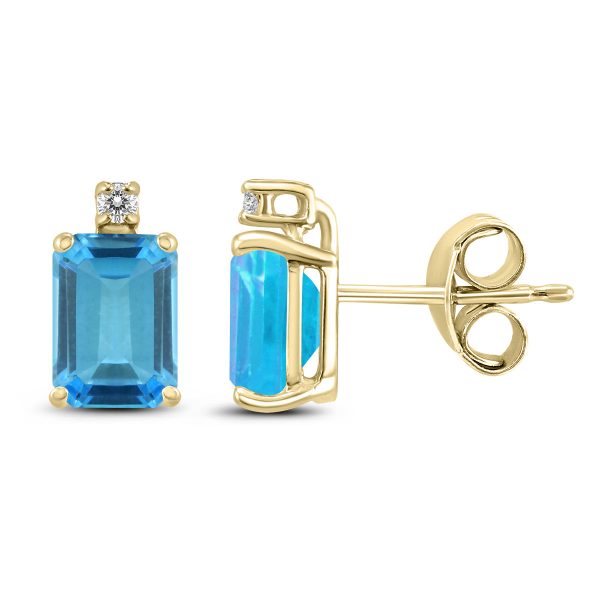 14K Yellow Gold 6x4MM Emerald Shaped Blue Topaz and Diamond Earrings at Szul.com