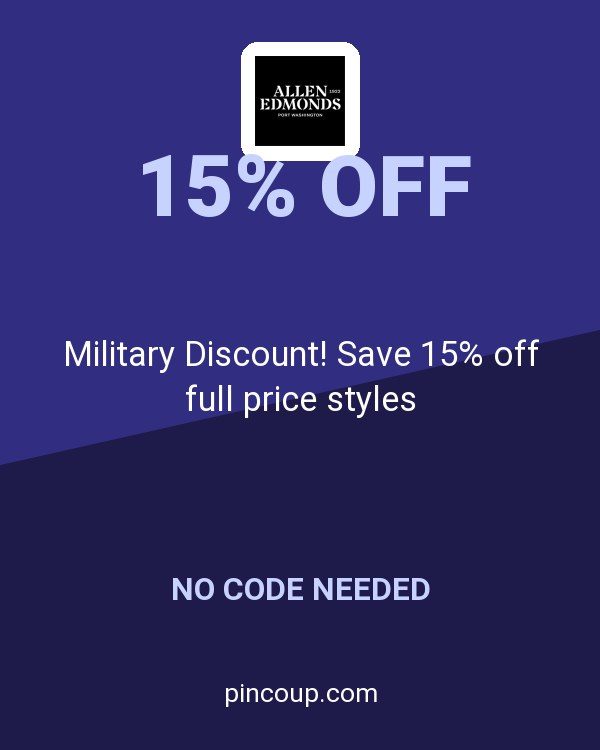 Allen Edmonds coupon: Military Discount! Save 15% off full price styles