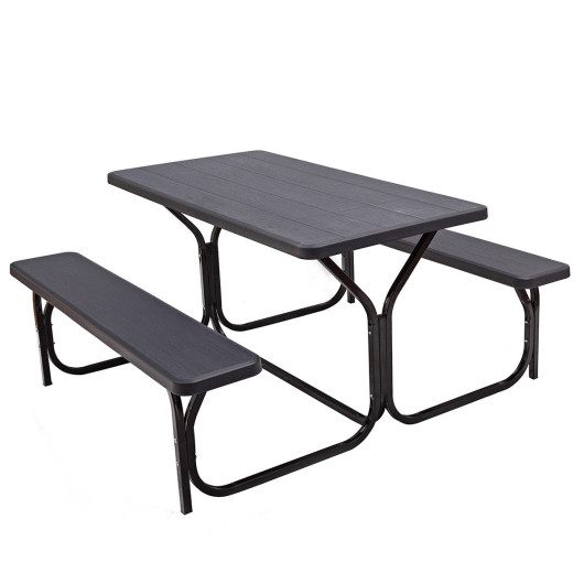 HDPE Outdoor Picnic Table Bench Set with Metal Base-Black at Costway