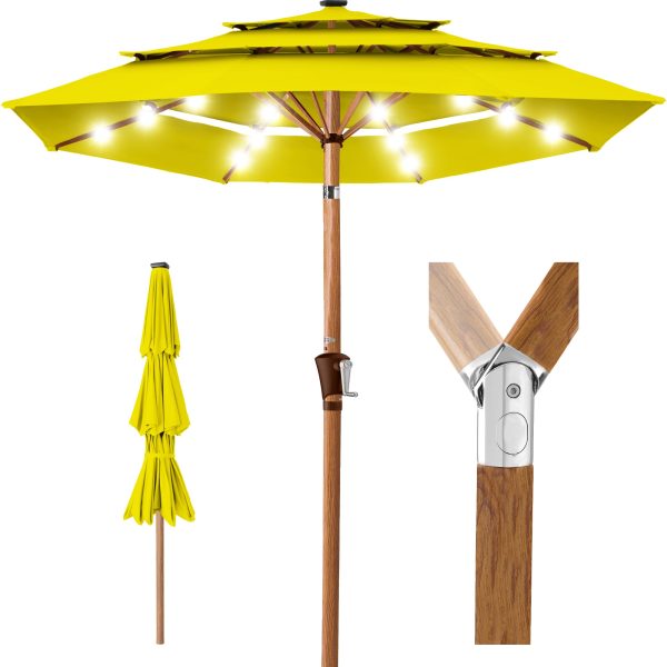 3-Tier Woodgrain Pattern Solar Patio Umbrella, Tilt Adjustment - 10ft - Yellow at Best Choice Products