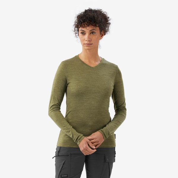 Simond Women's Travel 100 Merino Wool Long-sleeve Shirt - Golden Olive Green / XL at Decathlon America