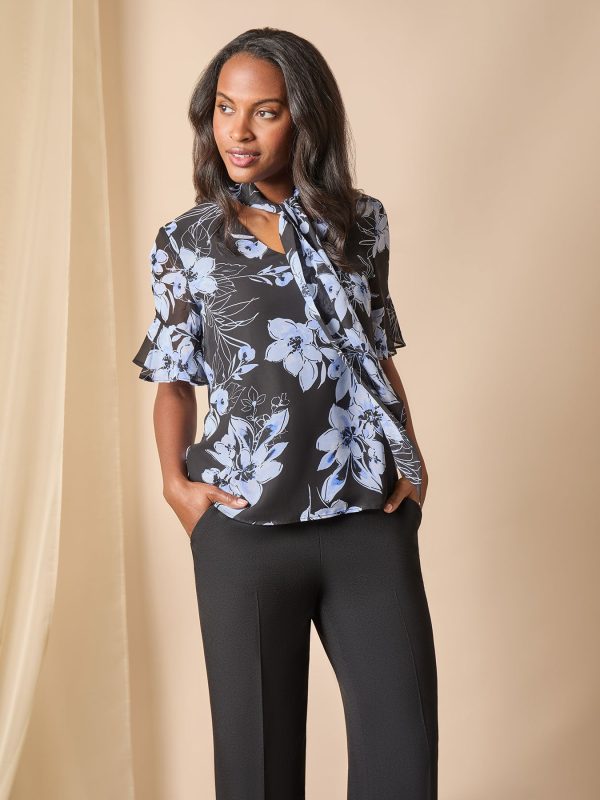 Floral Tie Front Blouse, Soft Drape at Kasper Clothing